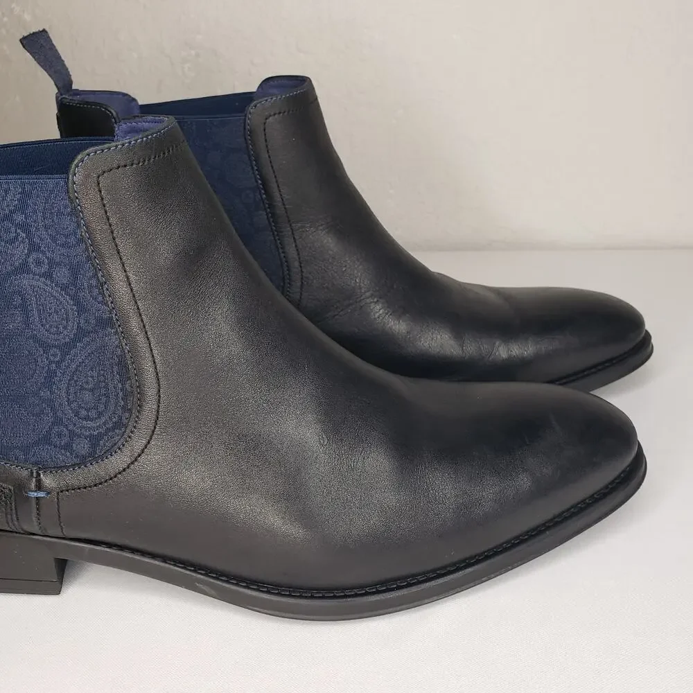 Ted Baker London Black Leather Chelsea Boots with Navy Elastic Panels